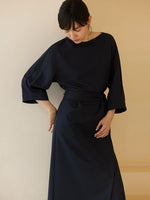 Load image into Gallery viewer, 2-Way Midi Wrap Dress in Navy