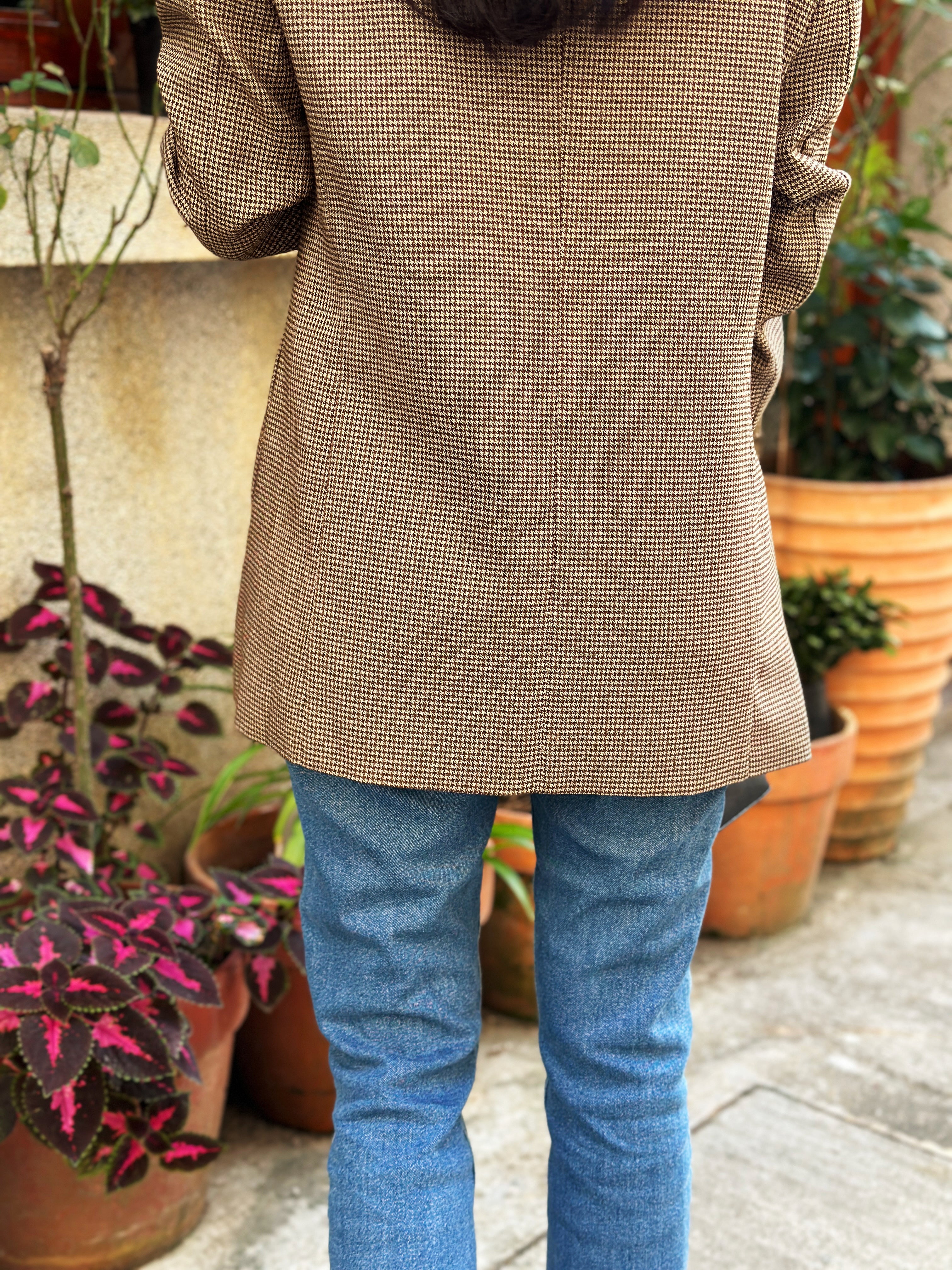 Korean Houndstooth Pocket Long Blazer in Brown