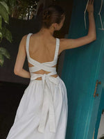 Load image into Gallery viewer, Linen Tie Back Pocket Maxi Dress in White'