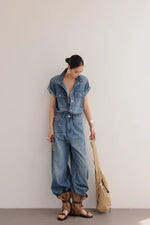 Load image into Gallery viewer, Denim Utility Maxi Jumpsuit in Blue