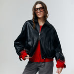 Load image into Gallery viewer, Nemi Feather Trim Knit Cardigan in Red