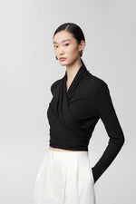 Load image into Gallery viewer, Gathered Wrap Cropped Stretch Top in Black
