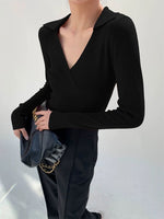 Load image into Gallery viewer, Collar V Wrap Long Sleeve Top - Black