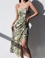 Load image into Gallery viewer, Botanica Floral Tie Strap Wrap Slit Dress in Green