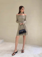 Load image into Gallery viewer, Off Shoulder Choker-Neck Dress in Kahki