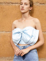 Load image into Gallery viewer, Yvei Oversized Triple Bow Bustier Top in Blue