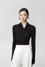 Load image into Gallery viewer, Gathered Wrap Cropped Stretch Top in Black