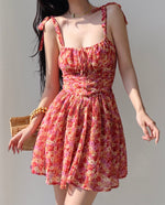 Load image into Gallery viewer, Zonal Floral Tie Strap Mini Dress in Red