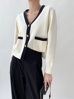 Load image into Gallery viewer, V Button Contrast Edge Pocket Cardigan in Cream