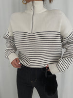 Load image into Gallery viewer, Half Zip Striped Ribbed Sweater in White