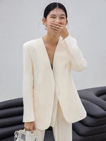 Load image into Gallery viewer, Tailored Duo Layer Tie Blazer in Cream