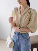 Load image into Gallery viewer, Vintage Button Blouson Sleeve Blouse in Almond
