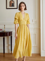 Load image into Gallery viewer, Arlette Crepe Blouson Maxi Dress in Yellow