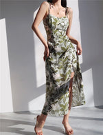 Load image into Gallery viewer, Botanica Floral Tie Strap Wrap Slit Dress in Green