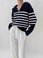 Load image into Gallery viewer, Marine Striped Half Zip Sweater