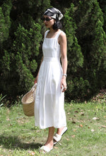 Load image into Gallery viewer, Tencel Blend Criss Cross Back Button Midi Dress in White