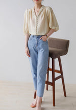 Load image into Gallery viewer, Vintage Button Blouson Sleeve Blouse in Almond