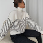 Load image into Gallery viewer, Half Zip Striped Ribbed Sweater in White