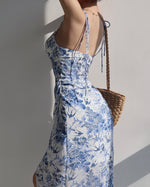 Load image into Gallery viewer, Porcelein Floral Wrap Tie Strap Slit Dress in Blue