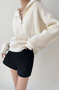 Half Zip Knitted Relaxed Sweater in Cream