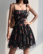 Load image into Gallery viewer, Passiflora Floral Tie Strap Tulle Mini Dress in Black
