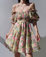 Load image into Gallery viewer, Confetti Off Shoulder Blouson Floral Mini Dress in Pink