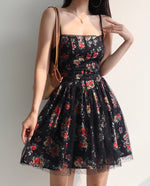 Load image into Gallery viewer, Passiflora Floral Tie Strap Tulle Mini Dress in Black