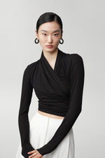 Load image into Gallery viewer, Gathered Wrap Cropped Stretch Top in Black