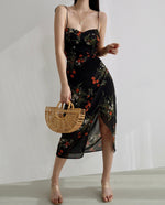 Load image into Gallery viewer, Twilight Floral Tie Strap Slit Dress in Black