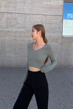 Load image into Gallery viewer, Cropped Ribbed V Top in Sage