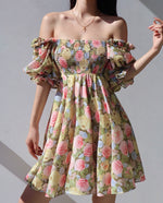 Load image into Gallery viewer, Confetti Off Shoulder Blouson Floral Mini Dress in Pink