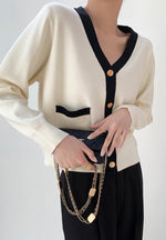 Load image into Gallery viewer, V Button Contrast Edge Pocket Cardigan in Cream