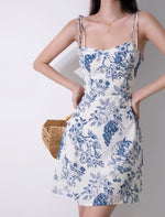 Load image into Gallery viewer, Grapevine Floral Tie Strap Mini Dress in White/Blue