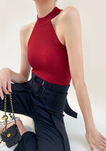 Load image into Gallery viewer, Ribbed Light Knit Halter Top in Red