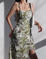 Load image into Gallery viewer, Botanica Floral Tie Strap Wrap Slit Dress in Green