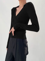 Load image into Gallery viewer, Collar V Wrap Long Sleeve Top - Black