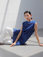 Load image into Gallery viewer, Laser Cut Crochet Sleeveless Dress in Blue