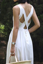Load image into Gallery viewer, Tencel Blend Criss Cross Back Button Midi Dress in White