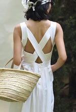 Load image into Gallery viewer, Tencel Blend Criss Cross Back Button Midi Dress in White