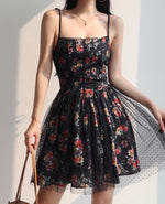 Load image into Gallery viewer, Passiflora Floral Tie Strap Tulle Mini Dress in Black