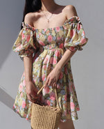 Load image into Gallery viewer, Confetti Off Shoulder Blouson Floral Mini Dress in Pink