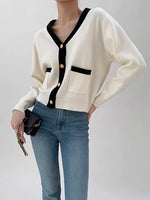 Load image into Gallery viewer, V Button Contrast Edge Pocket Cardigan in Cream