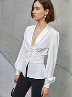 Load image into Gallery viewer, Brika Button Tuxedo Blouse