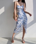 Load image into Gallery viewer, Porcelein Floral Wrap Tie Strap Slit Dress in Blue