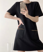 Load image into Gallery viewer, Chain Detail Pocket Shift Dress in Black