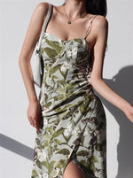 Load image into Gallery viewer, Botanica Floral Tie Strap Wrap Slit Dress in Green