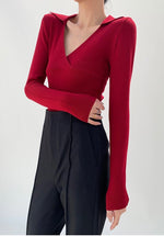 Load image into Gallery viewer, Collar V Wrap Long Sleeve Top - Black