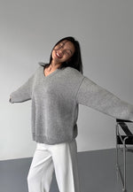 Load image into Gallery viewer, Oversized Pique V Knit Sweater in Grey