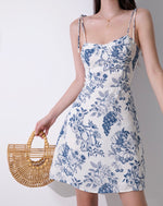 Load image into Gallery viewer, Grapevine Floral Tie Strap Mini Dress in White/Blue