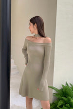 Load image into Gallery viewer, Off Shoulder Choker-Neck Dress in Kahki